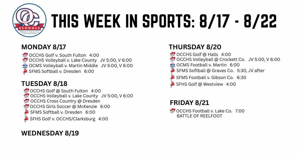 Weekly sports schedule for August 17–22, listing school sports events, opponents, locations, and times for golf, volleyball, cross country, soccer, softball, football, and OCMS football.
