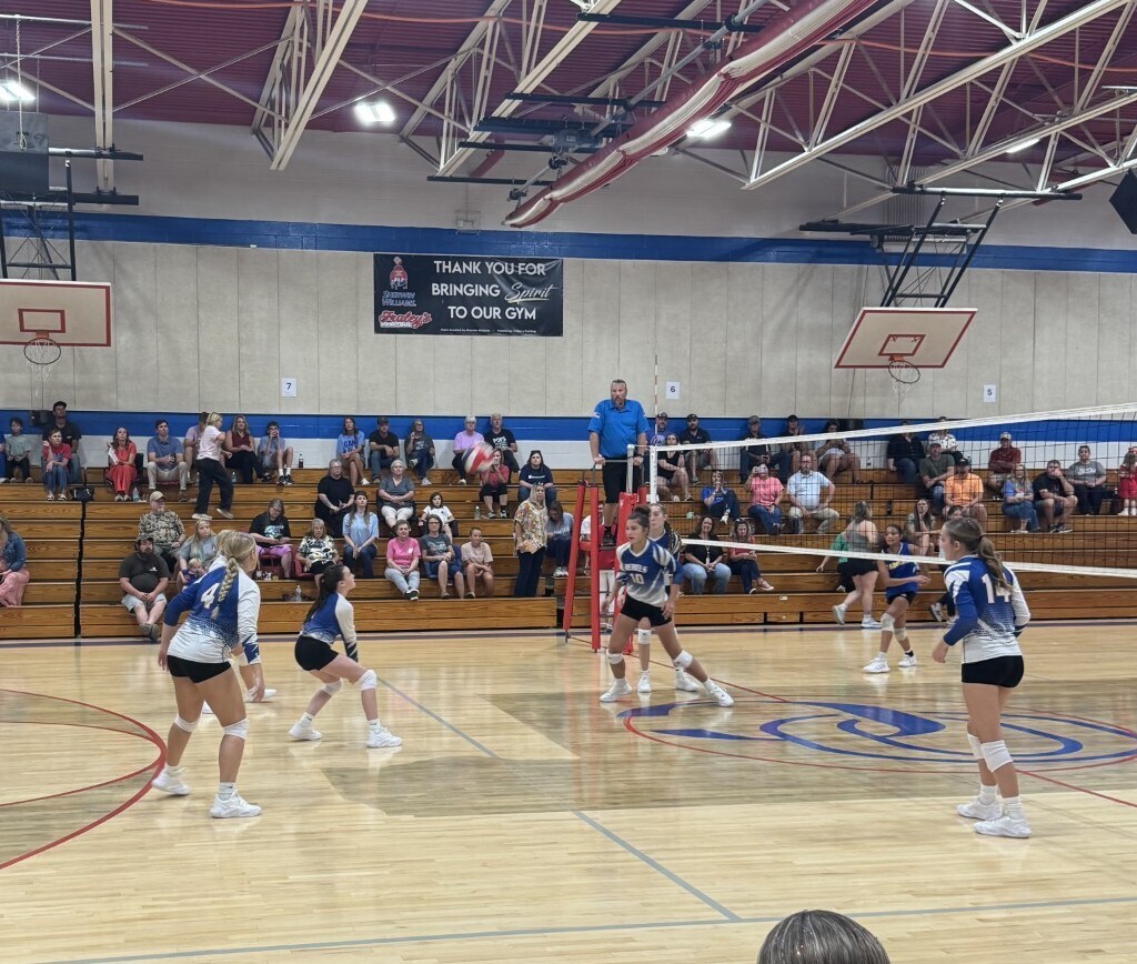 A girls’ volleyball team plays a game in a school gym with spectators watching from the bleachers.