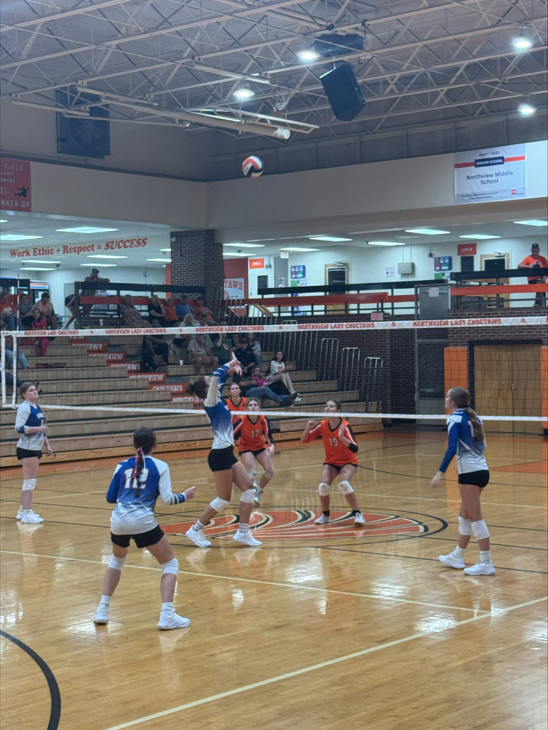 Obion County Middle School volleyball player prepares to hit the ball during volleyball game.