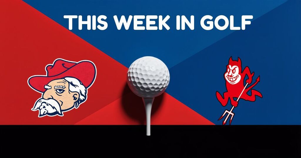 Red, blue and black graphic with golf ball, rebel logo, red devil logo and heading "This week in golf".