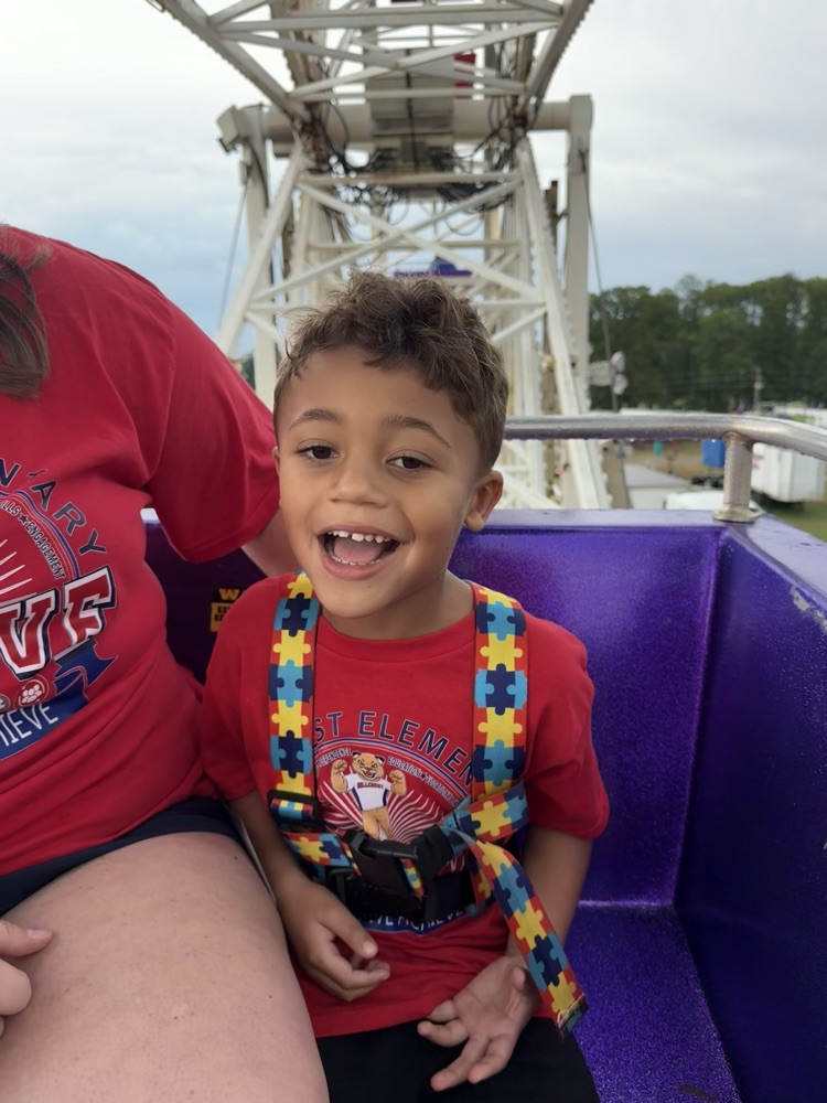 Students from Mrs. Alexis’s CDC class smiling while riding the carousel at the fair,