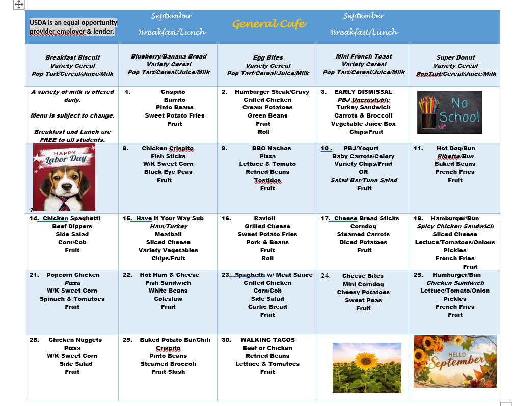 September Lunch Menu for Lake Road
