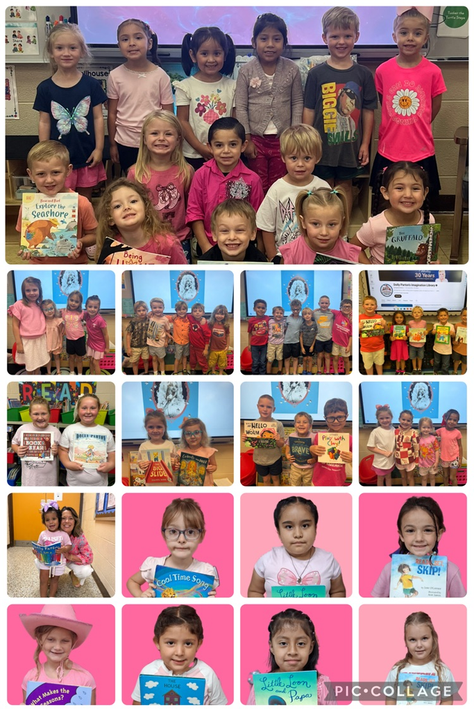 collage of student wearing pink for Dolly while holding their favorite book from imagination library 