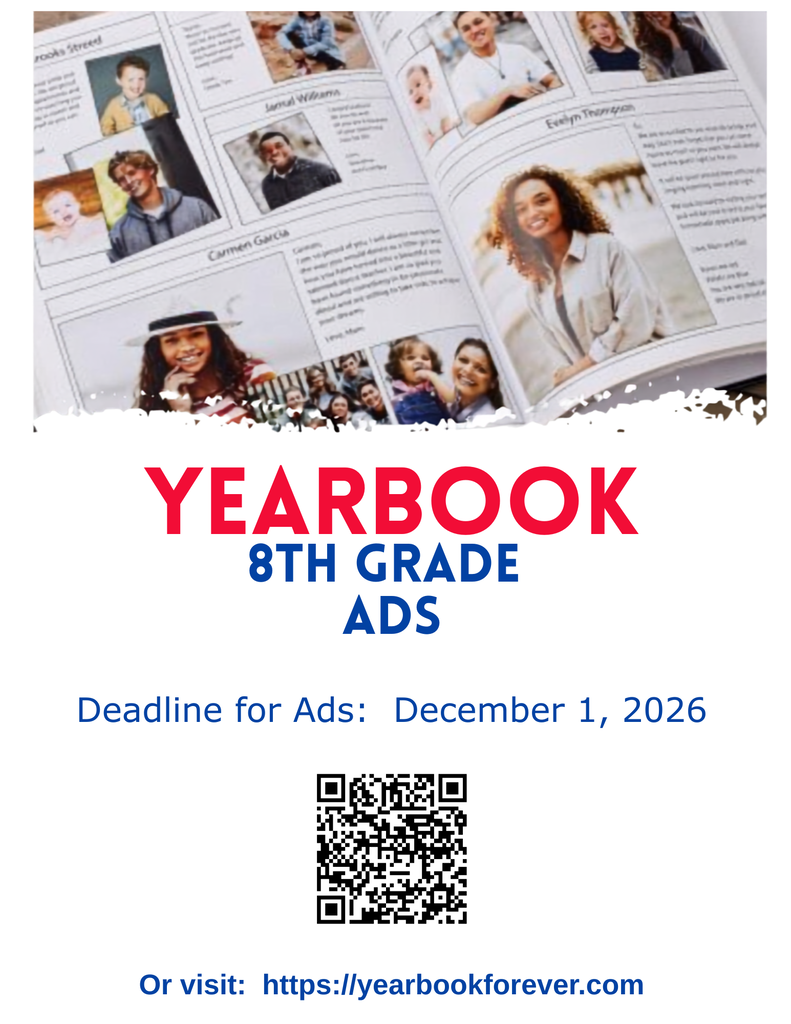 Promotional flyer for 8th Grade Yearbook Ads. Features an open yearbook layout at the top, headline bold text, a deadline date of December 1, 2026, a QR code, and the link yearbookforever.com.