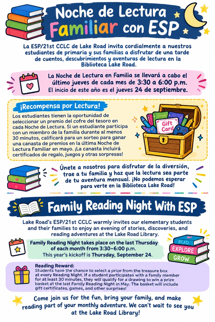 graphic describing family reading night in English and Spanish 