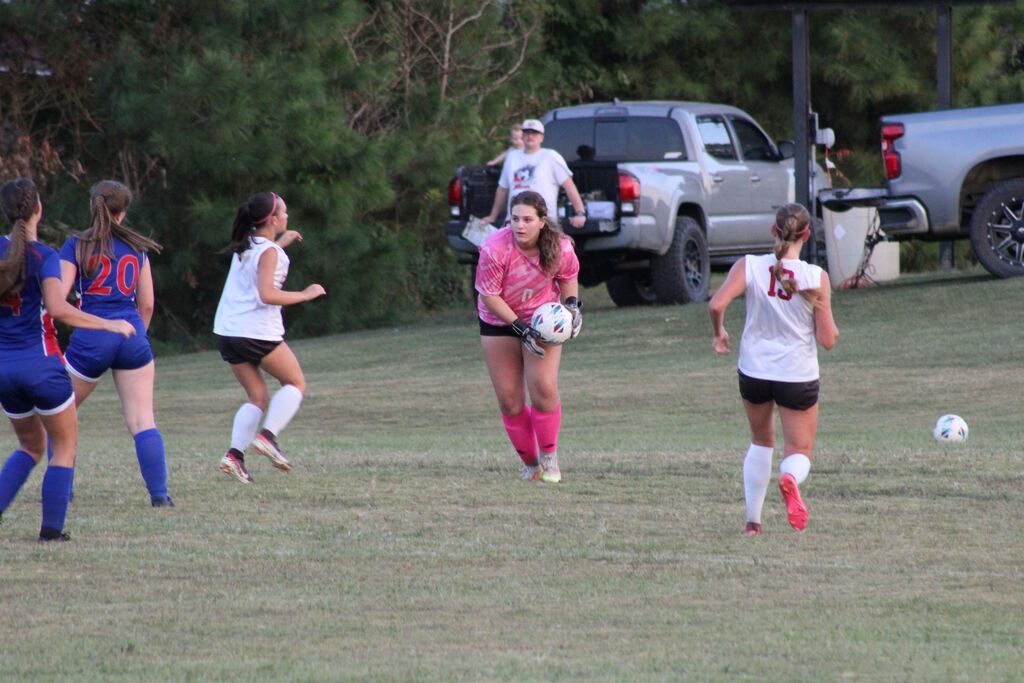 A girls soccer goalkeeper in a pink uniform holds the ball while players in blue and white uniforms move across the field during a game.