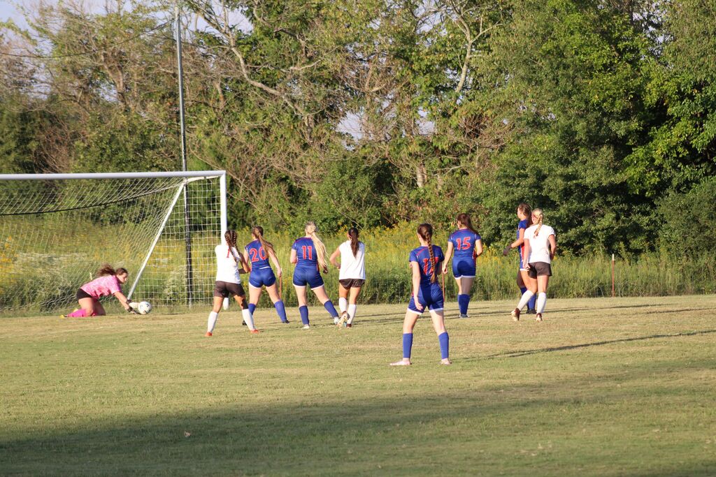 A girls soccer team gathers near the goal as a goalkeeper in a pink uniform reaches for the ball, with players in blue and white uniforms watching the play.