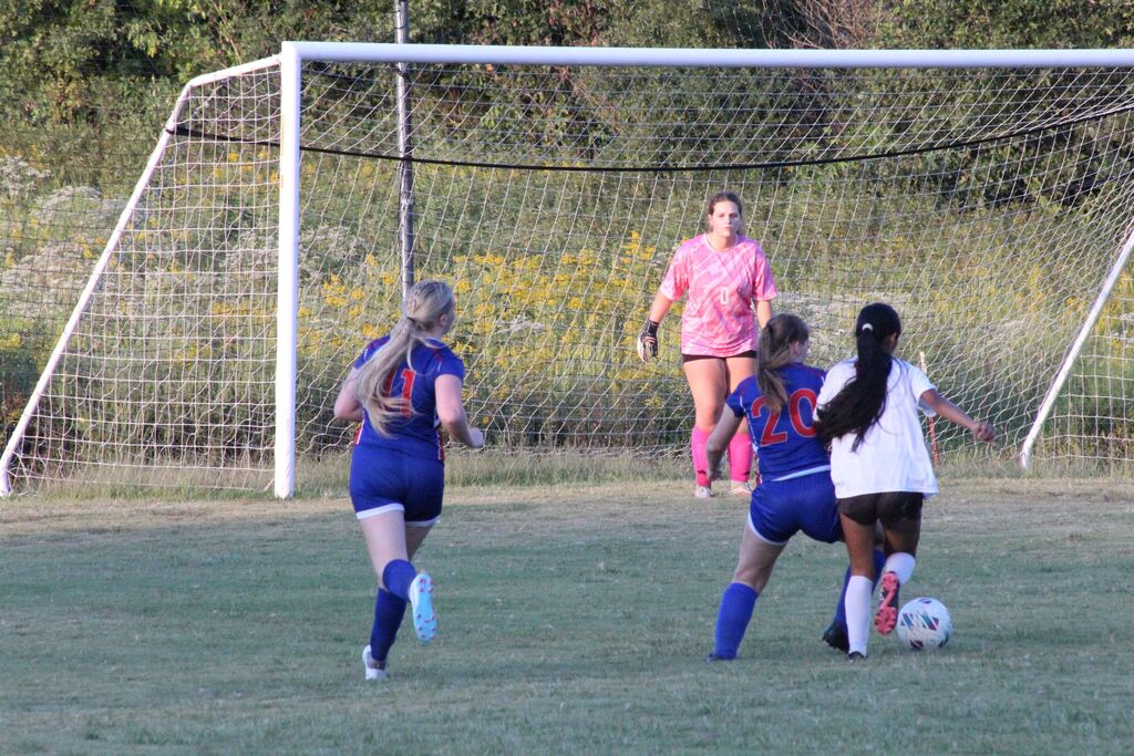 Girls soccer players in blue and white uniforms run toward the ball near the goal while a goalkeeper in a pink uniform prepares to defend the net.