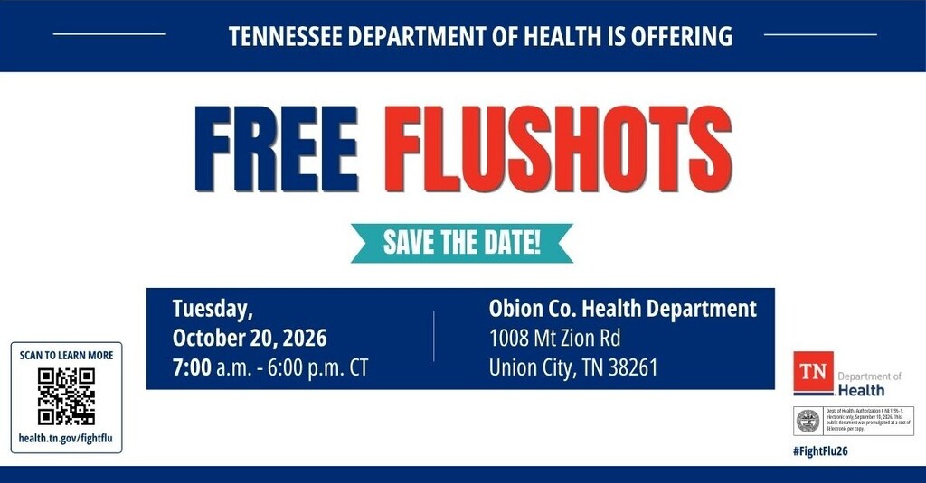 Graphic from the Tennessee Department of Health announcing free flu shots on Tuesday, October 20, 2026, from 7 a.m. to 6 p.m. CT at the Obion County Health Department, 1008 Mt. Zion Road, Union City, Tennessee. A QR code is provided to learn more.