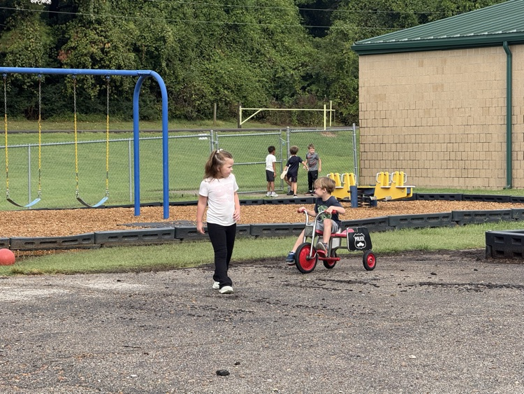 students playing with a tricycle 