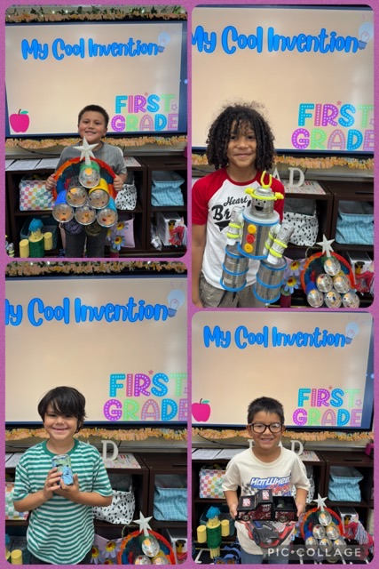 collage of students holding their invention 