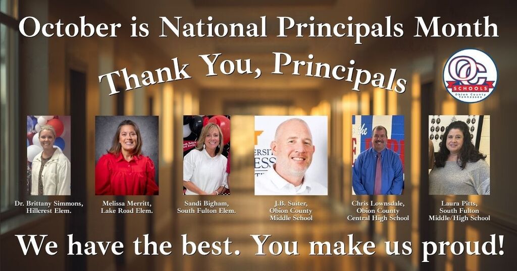 Graphic featuring individual pictures of school principals from each Obion County School.