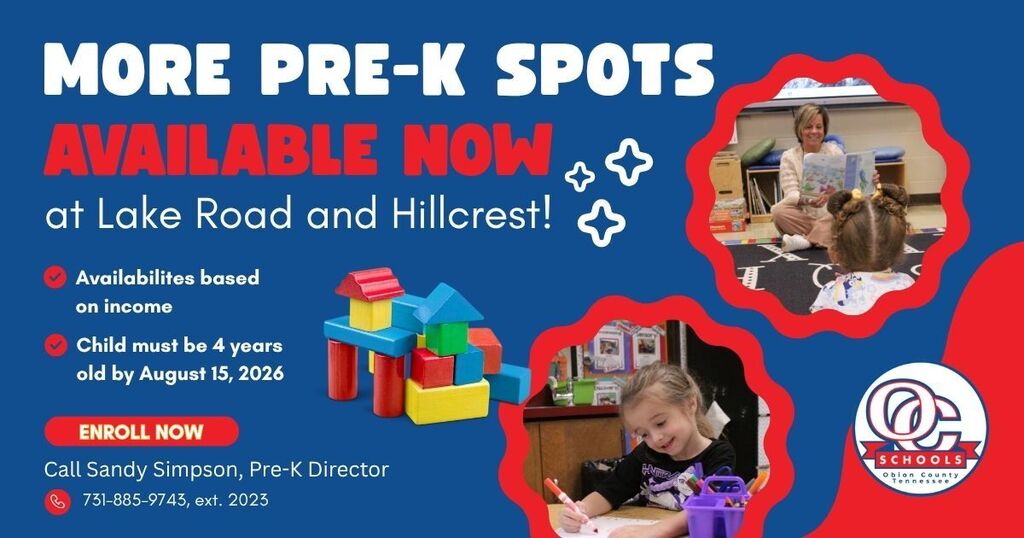 Graphic announcing that more Pre-K spots are available at Lake Road and Hillcrest.