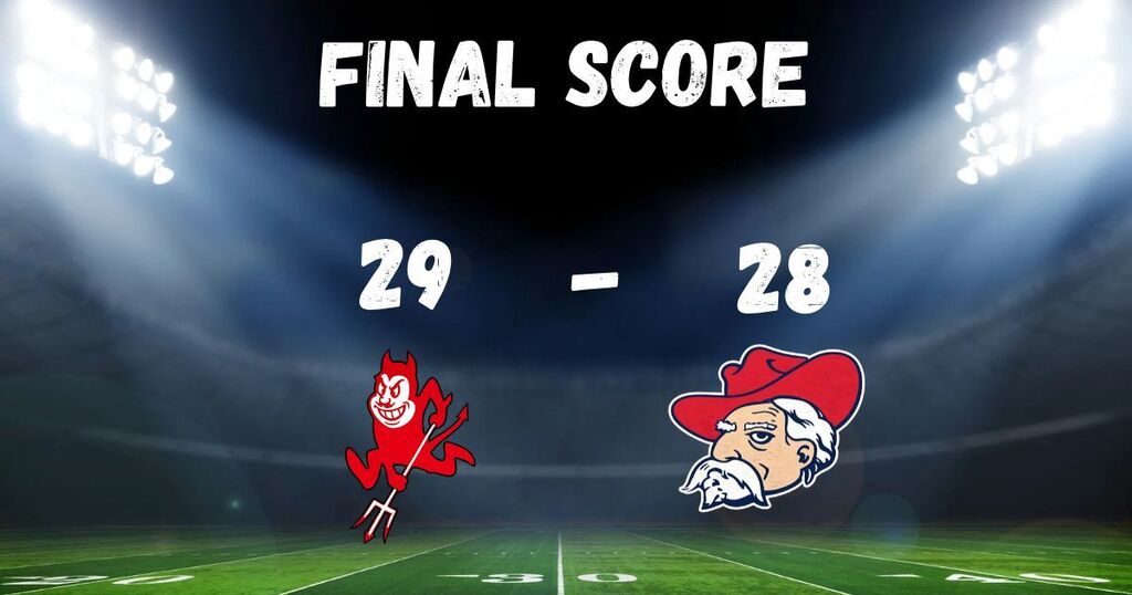 Graphic with words "Final Score 29-28" and includes the South Fulton Red Devils and OCCHS Rebels logo.