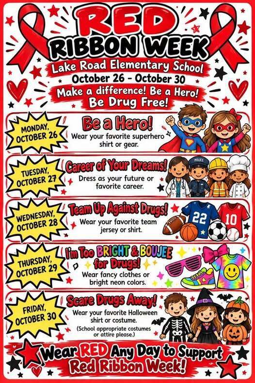 Graphic showing dress up days for Lake Road Elementary School.