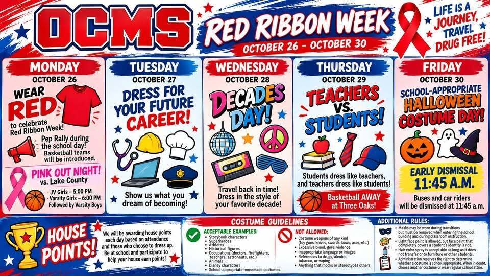 Graphic showing dress up days for Obion County Middle School.