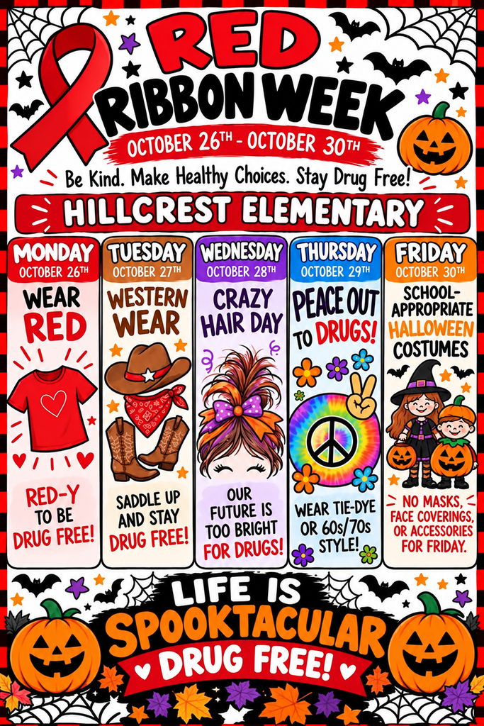 Graphic showing dress up days for Hillcrest Elementary School.