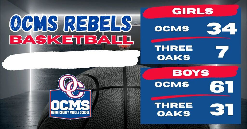 Graphic reporting final score of boys and girl basketball game for OCMS and showing the OCMS logo.