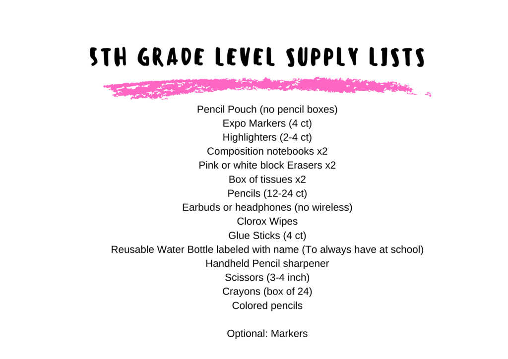 5th grade supply list
