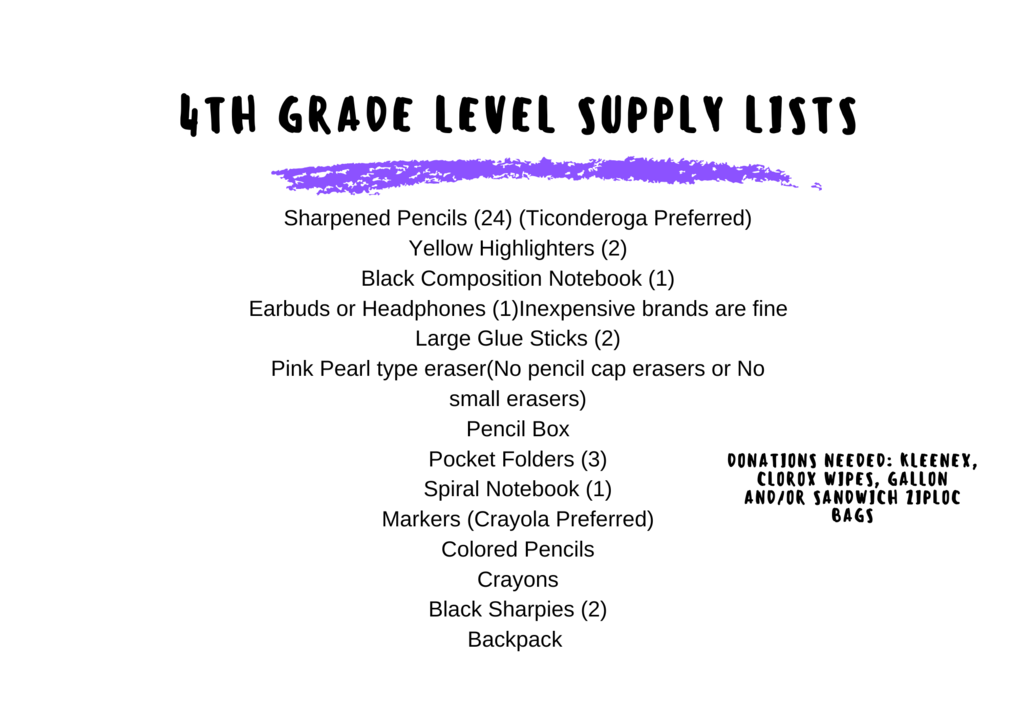 4th grade supply list