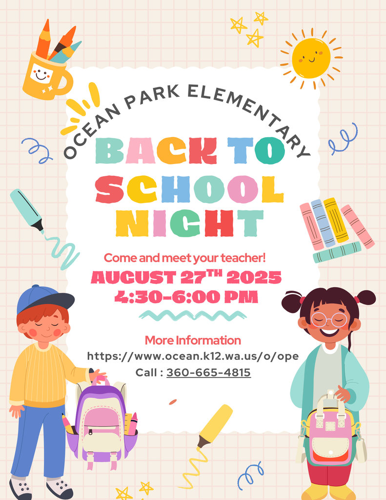 Back to school night August 27 4:30-6:00pm flyer with kids and backpacks.