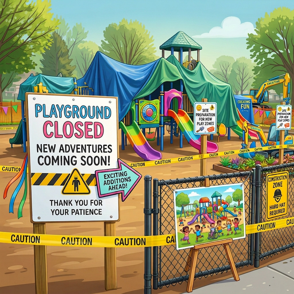 An image of a playground underconstruction indicating the closure is temporary and a new one is coming.
