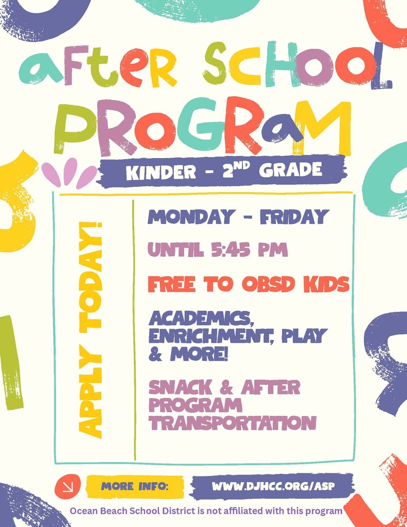 Flyer with decorative images for the after school program at the DJHCC Kinder - 2nd grade Monday - Friday until 5:45 PM free to OBSD kids Academics, enrichment, play & more snack & after program transportation for more info go to www.djhcc.org/asp apply today. Ocean Beach School district is not affiliated with this program.