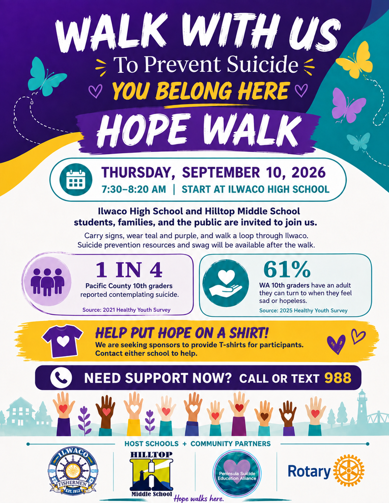 Flyer for the hooe walk that says: Walk with us to prevent suicide you belong here hope walk. Thursday September 10, 2026 7:30-8:20 AM, start at Ilwaco High School. Ilwaco High School and hilltop Middle School students, families, and the public are invited to join us. Carry signs, wear teal and pirple, and walk a loop through Ilwaco. Suicide preventrion resources and swag will be available after the walk. 1 In 4 Pacific county 10th graders reported contemplation suicide. Sorce 2021 Healthy youth survey. 61% WA 10th graders have an adulty they can turn to when they feel sad or hopeless. Source 2025 Healthy youth survey. Help Pit hope on a shirt! We are seeking sponsors to provide t-shirts for participants. Contact either school to help. Need support now? Call or text 988. The flyer included the logo for the host school and community partners peninsula suicide education alliance and rotary. Hope Walks Here.