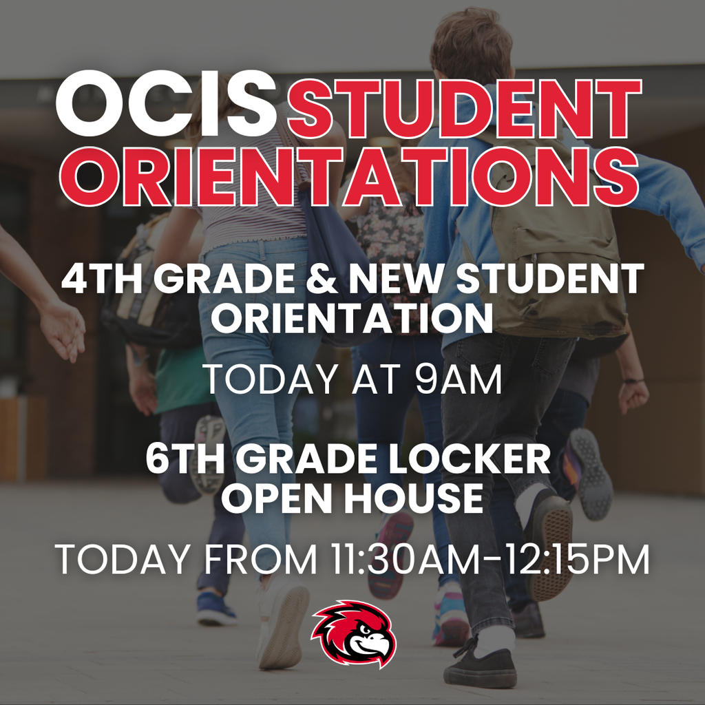 It's orientation day! Fourth grade and new student orientation will be held at 9 a.m. followed by our sixth grade locker open house from 11:30 a.m. to 12:15 p.m. We look forward to seeing you soon!