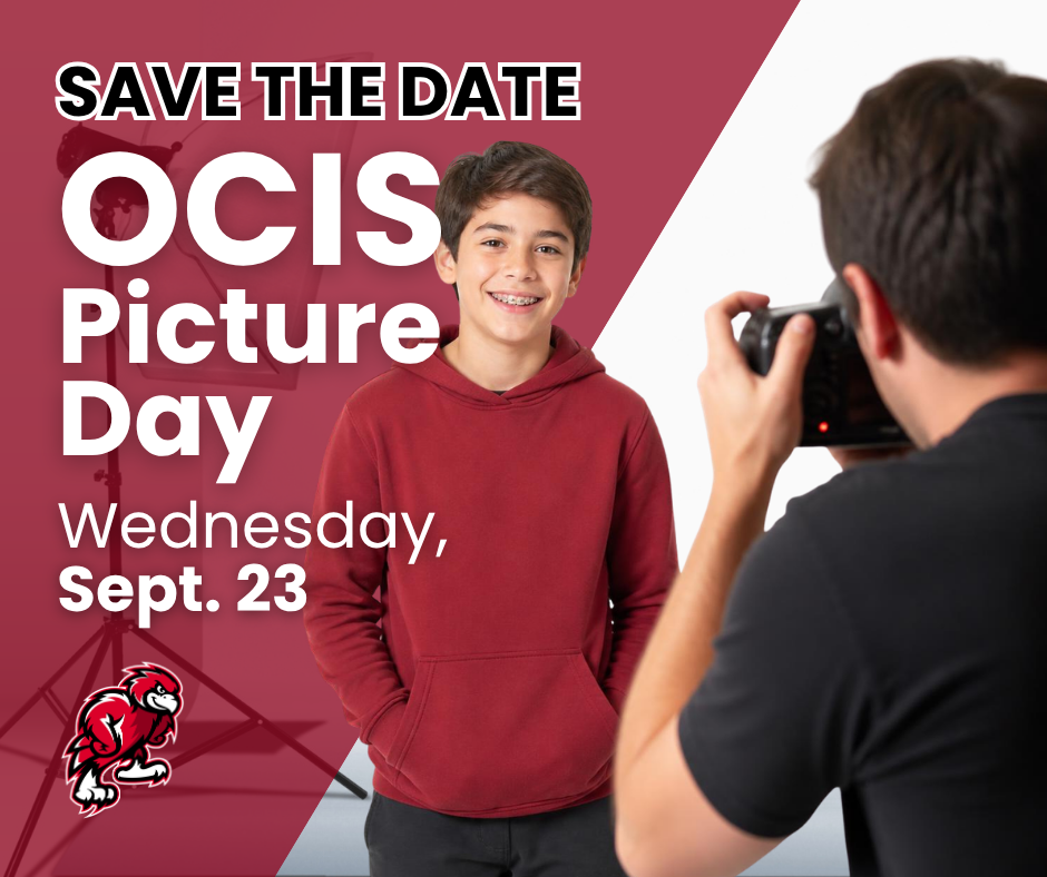 Save the Date OCIS Picture Day Wednesday Sept. 23 OCIS Logo child smiling in front of camera