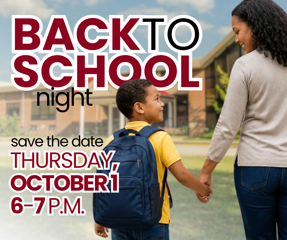 Back to School Night Save the Date Thursday October 1 6-7 PM student holding parent hand