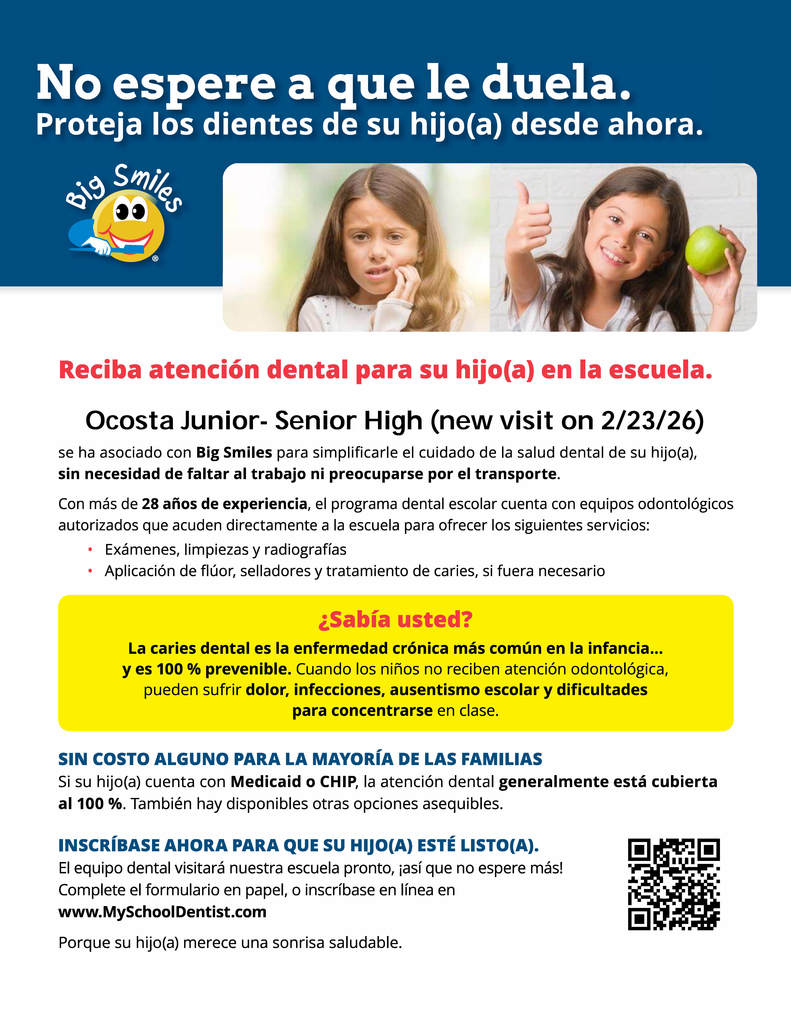 Ocosta Junior - Senior High - Big Smile Visit Flyer in Spanish