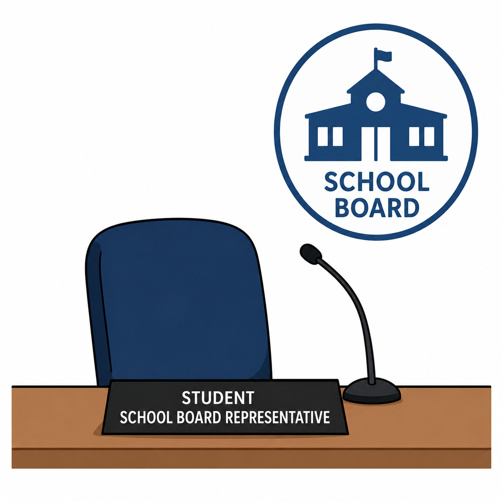 An empty chair and placard that says "Student School Board Representative" 