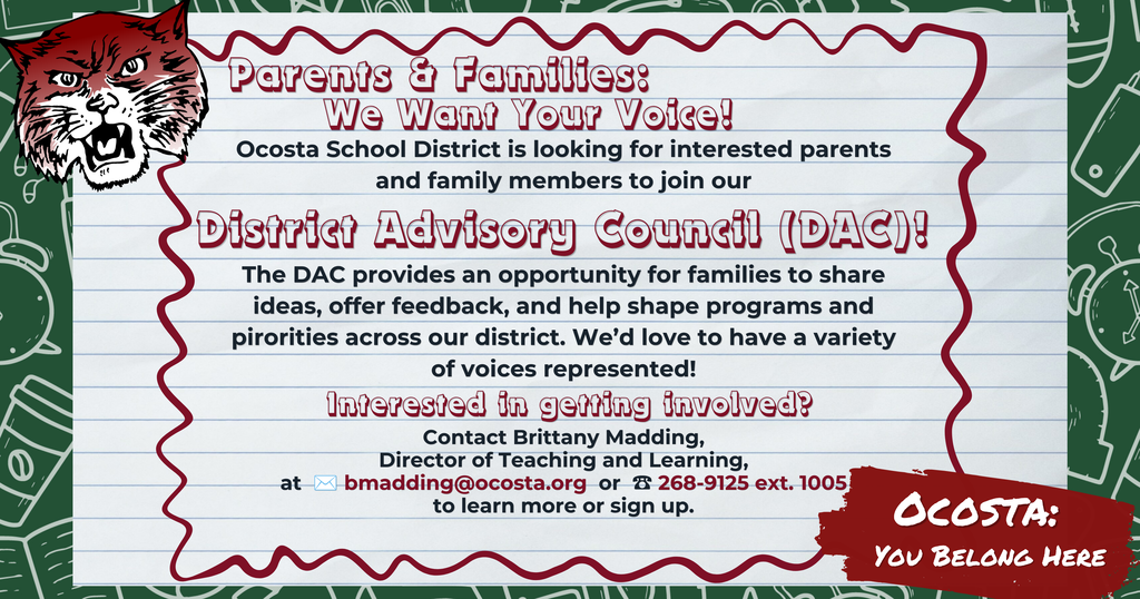 An image inviting families to join district advisory council featuring the ocosta wildcat