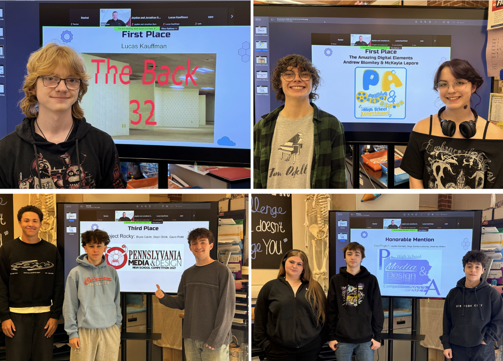 students proudly stand next to their designs