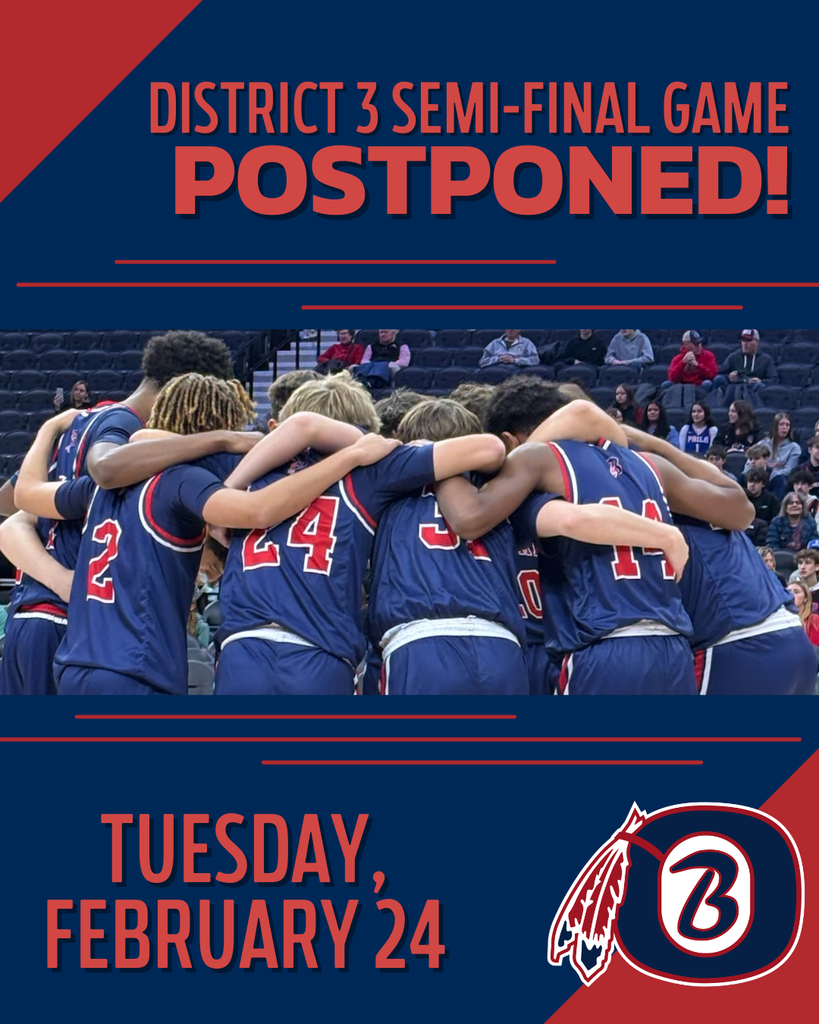 District 3 Semi-Final Game POSTPONED!” in red and white text on a navy background. Center photo shows Octorara boys basketball players in navy uniforms huddled together on the court. New date listed at bottom: Tuesday, February 24, with the Braves logo displayed in the lower right corner.