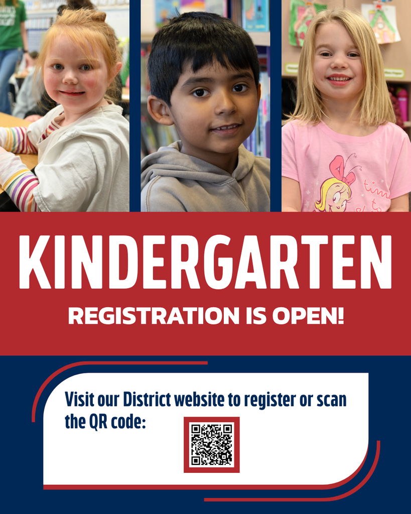 Kindergarten students smile with text that reads 'registration is open! Register today'.