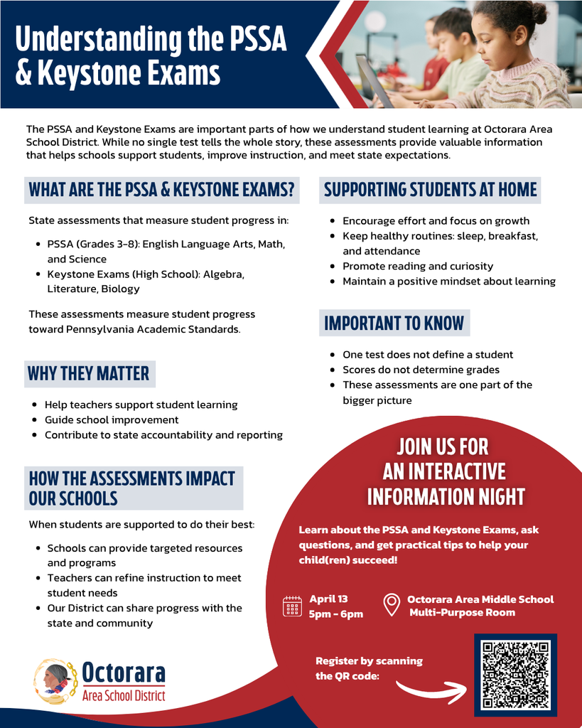 A flyer for "Understanding the PSSA and Keystone Exams", sharing general information as well as an upcoming event for families to learn more on April 13 at 5PM at the OMS Multi-Purpose Room.