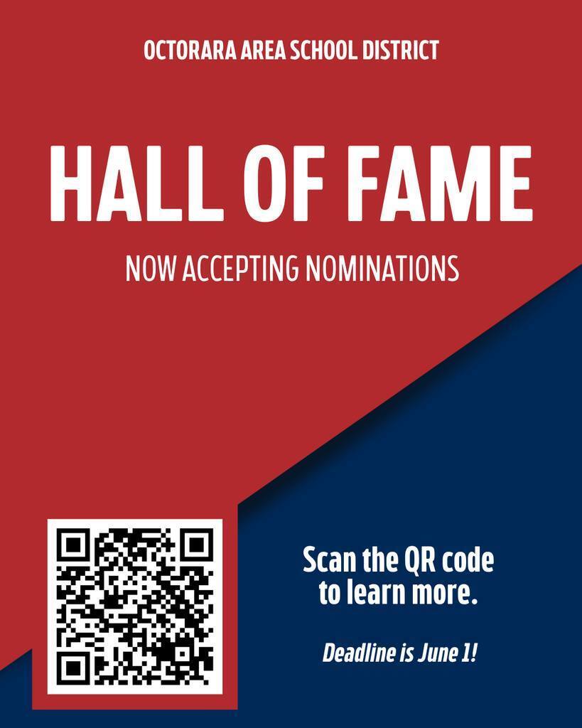Red and Blue image that says "Hall of Fame: Now Accepting Nominations. Scan the QR code to learn more. Deadline is June 1."