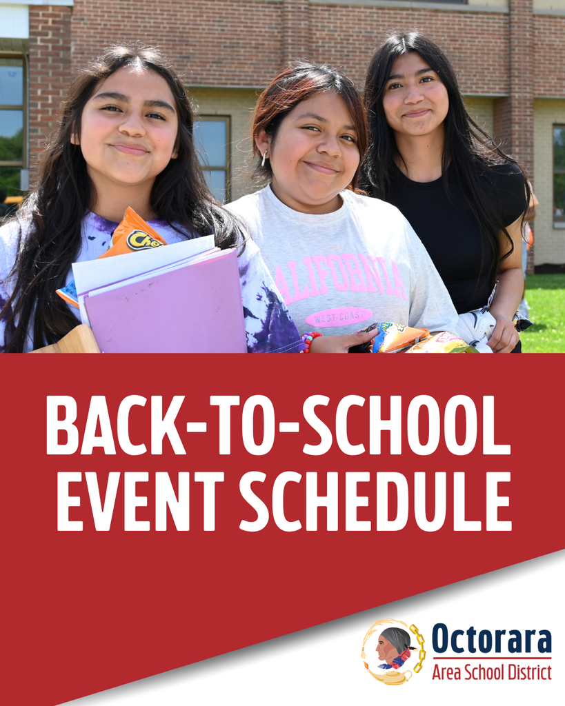 Three girls standing in front of a brick building. Text overlay reads "BACK-TO-SCHOOL EVENT SCHEDULE."