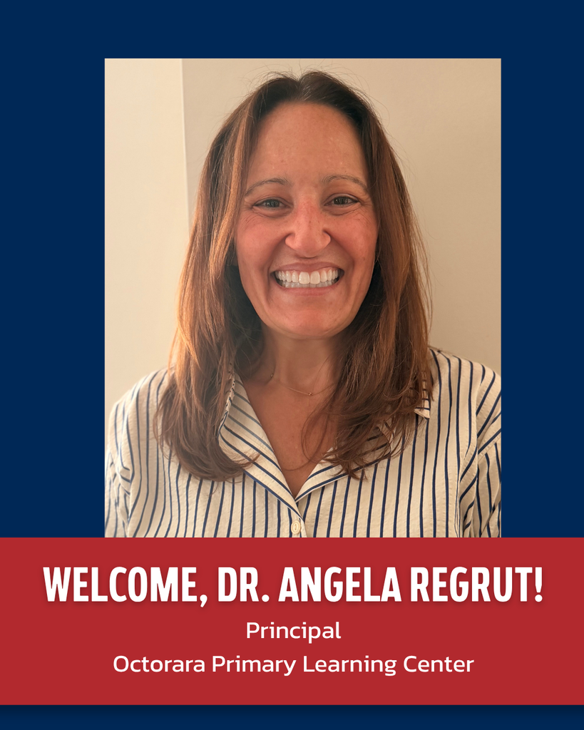 A smiling woman, Dr. Angela Regruto, stands against a blue background. She wears a striped shirt and is titled Principal at Octoraro Primary Learning Center.