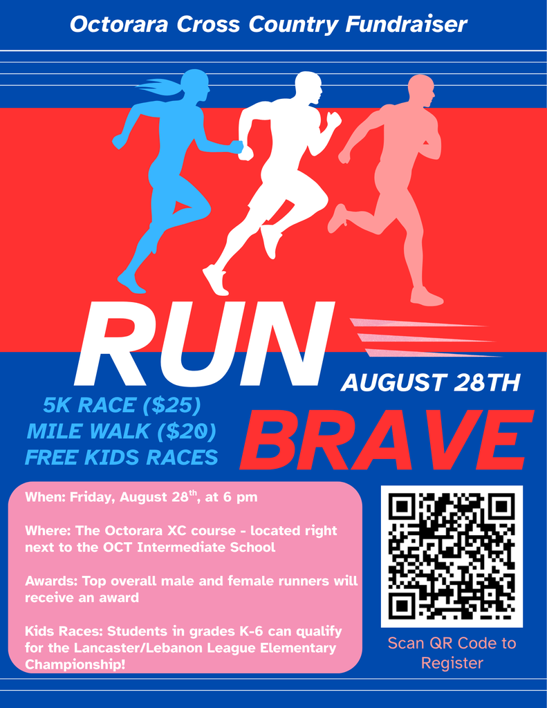 Flyer for the Octara Cross Country Fundraiser, featuring a blue, white, and red color scheme. Text highlights event details and a QR code.
