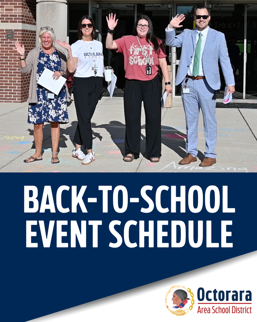 Four adults standing outside a building. One holds a paper and a pen. Text reads "Back-to-School Event Schedule."