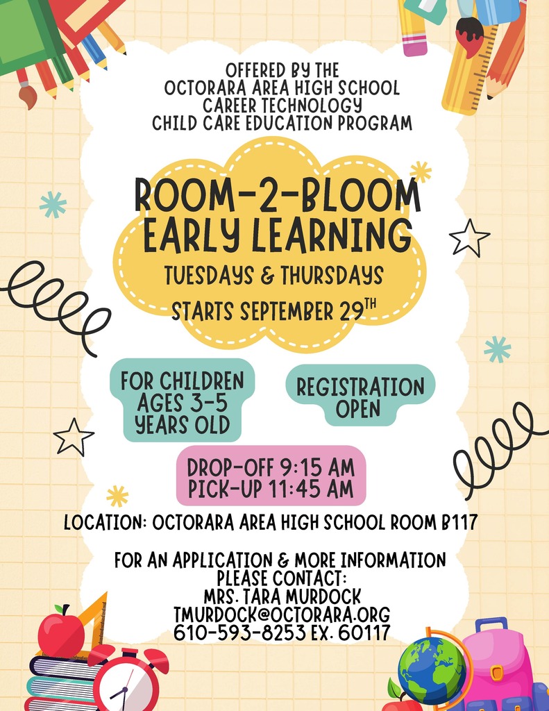 An invitation for children aged 3-5 to join Room 2-Bloom Early Learning, held at Octorora Area High School, starting September 29.