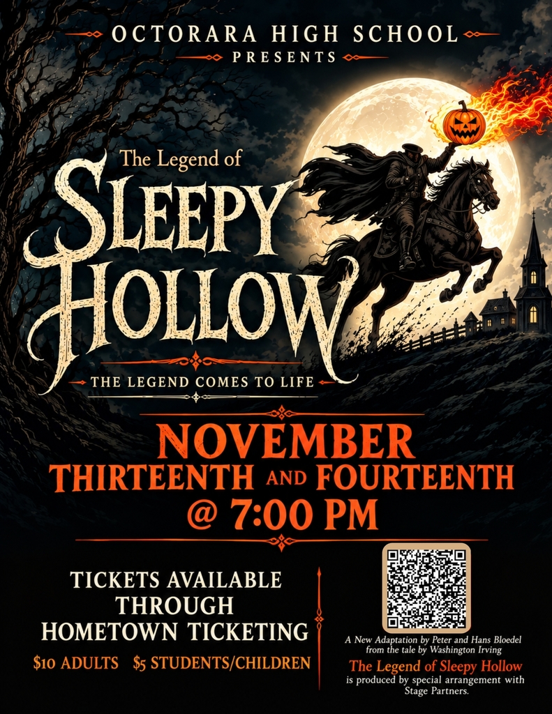 Poster with dark background features "The Legend of Sleepy Hollow" text and silhouette of a person on a horse.