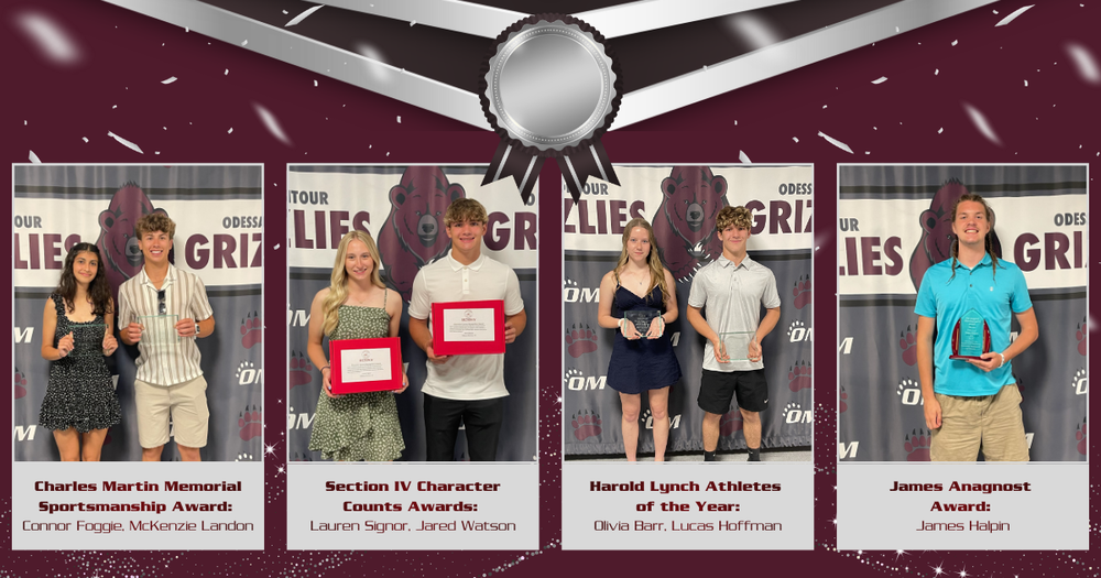 Harold Lynch Athletes of the Year. Olivia Barr and Lucas Hoffman (boy with gray shirt and girl with blue dress holding clear awards) Charles Martin Memorial Sportsmanship Award: Connor Foggie, McKenzie Landon (boy with stripe shirt and girl with black dress holding clear awards) Section IV Character Counts Awards: Lauren Signor, Jared Watson. (boy and girl holding the awards in a red box) James Anagnost Award: James Halpin. (boy wearing light blue shirt and brown shorts)