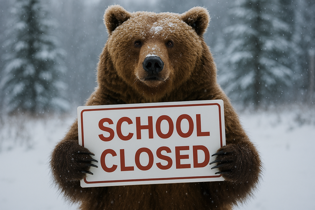 Grizzly bear holding a "School Closed" sign.