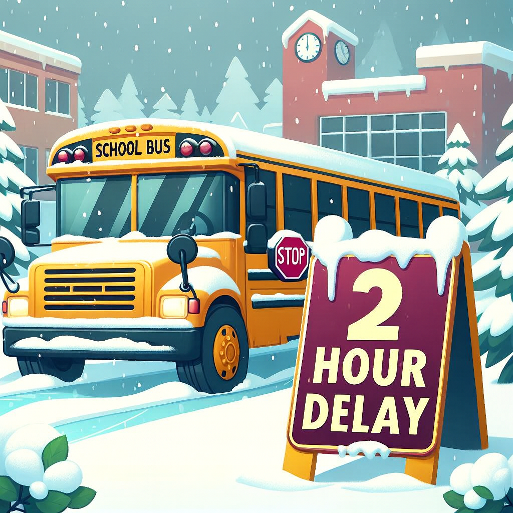 snowy school bus with a 2 hour delay sign