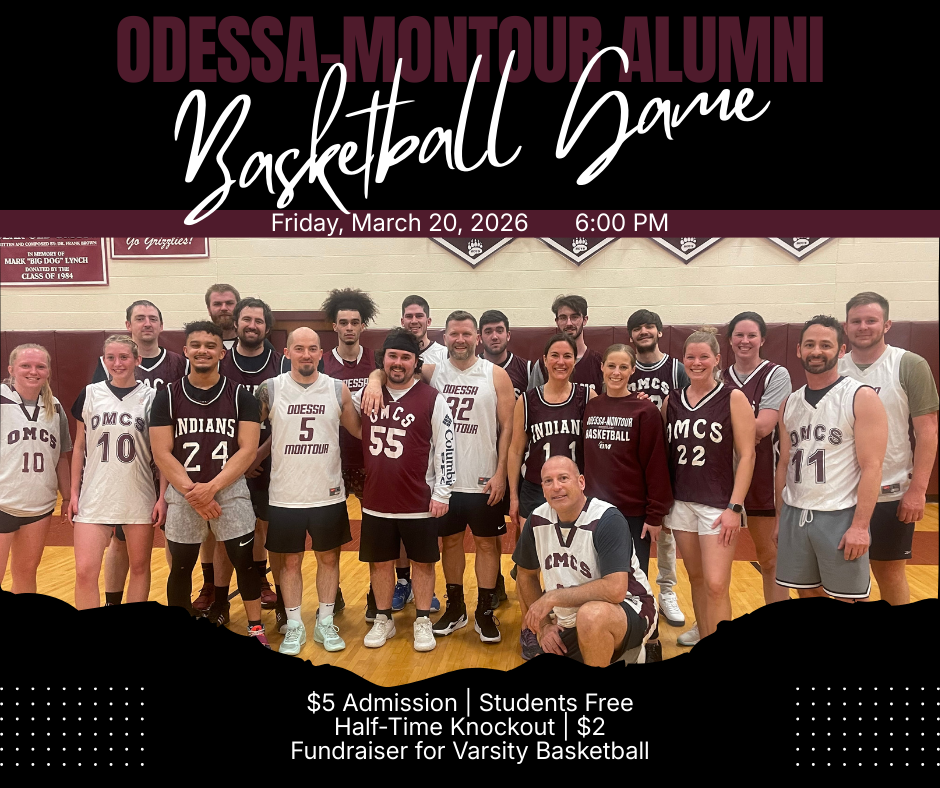 Image of Alumni Basketball Game with Text Detials - Odessa-MontAlumni Basketball Game, Friday March 20, 2026, 6:00 PM, $5 Admission | Students Free | Half-Time Knockout | $2 | Fundraiser for Varsity Basketball