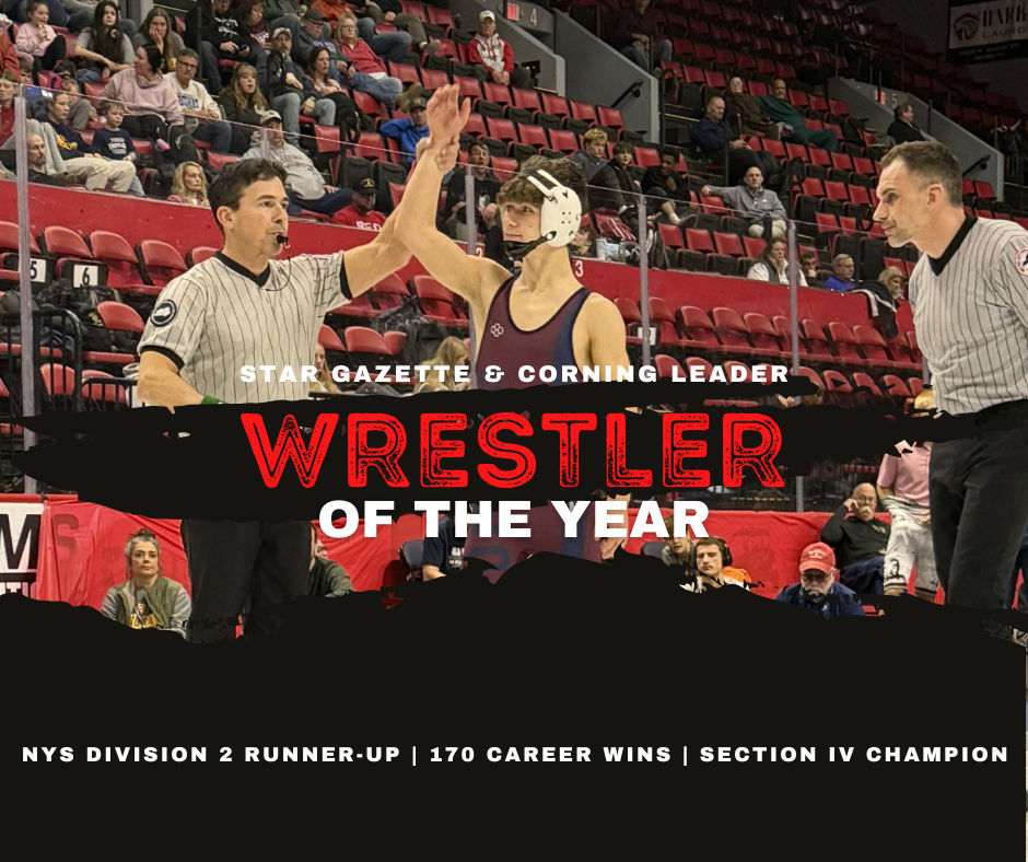 Star Gazette & Corning Leader Wrestler of the Year - NYS Division 2 Runner-Up | 170 Career Wins | Section IV Champion - Image of Student in Wrestling Uniform with Referees